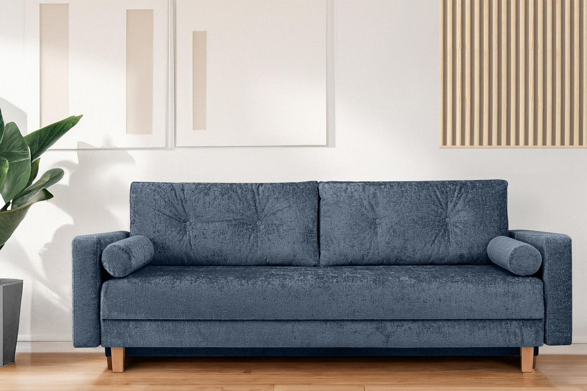 3-SITZER-SCHLAFSOFA ERISO mit weiche Sitzfläche und hohe Rückenlehne, Chenille-Stoff, blau - Blau/Braun, Textil (220/80/100cm) - KONSIMO®