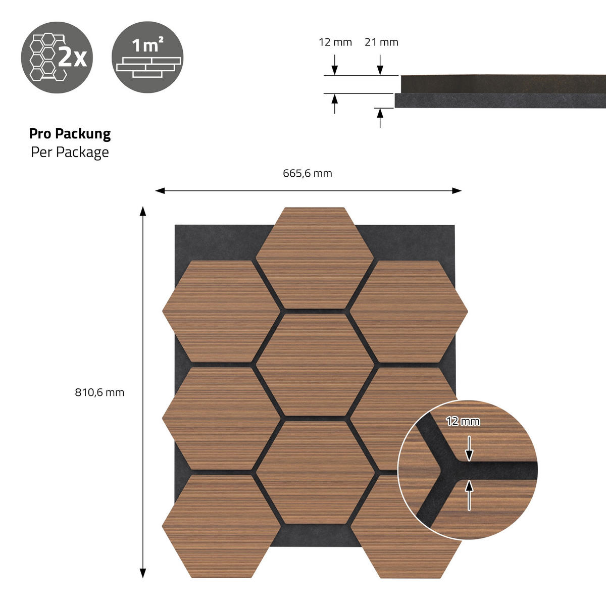 AKUSTIKPANEEL Echtholz 2er Set Teak Hexagon - Dunkelbraun, Holzwerkstoff (2.1/81.1/66.6cm) - ML-DESIGN