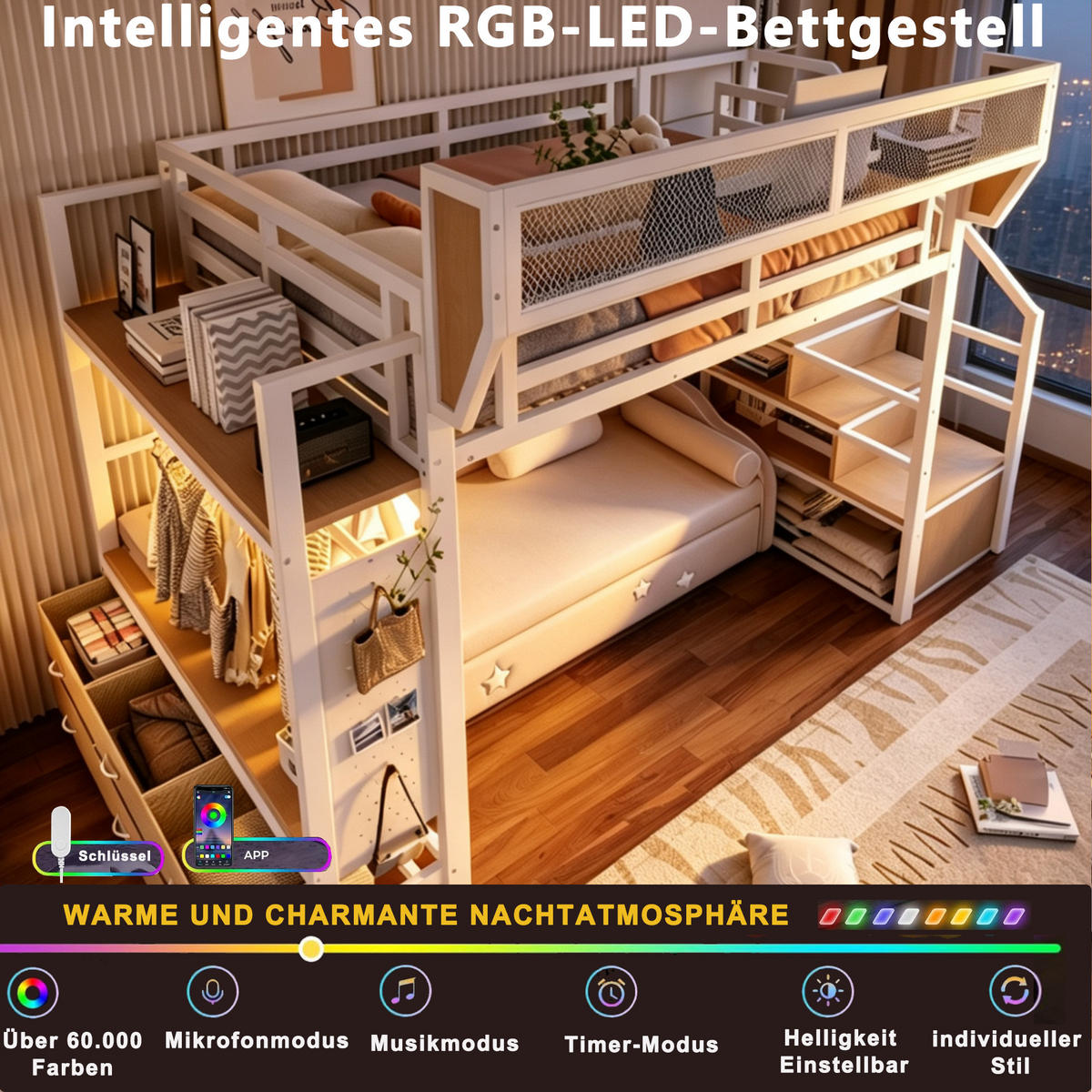 HOCHBETT 140/200 cm in Weiß mit Ablagefächern, Stoffschubladen, LED und Kleiderhaken Metallbett - Weiß, Holzwerkstoff/Metall (140/200cm) - STILVORA