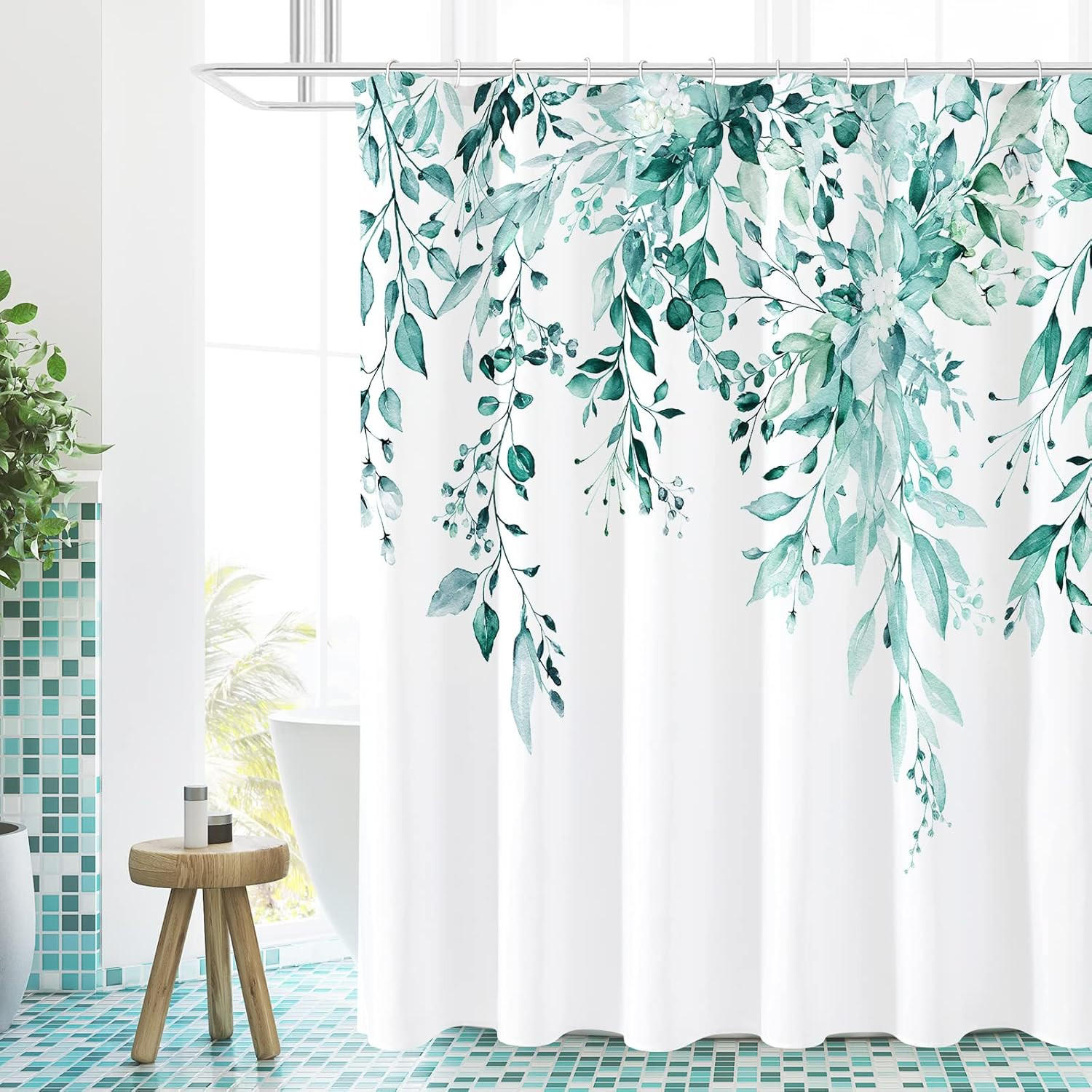 DUSCHVORHANG Blau Petrol Eukalyptus 180 x 180 cm Blätter Pflanzen Aquarell Badezimmer - Weiß, Textil (180/180cm) - MCBOSON