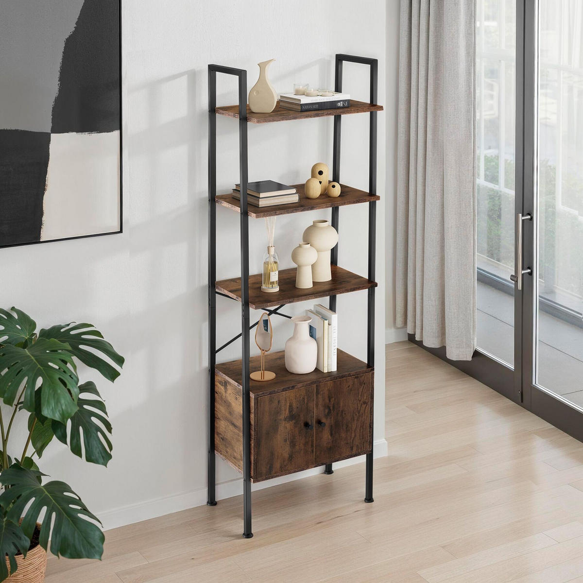 LEITERREGAL Brentwood,inklusive Kippschutz, 57,5 x 34 x 173 cm,Industrial Holz dunkel, rustikal - Rostfarben, Holzwerkstoff (34/173/57.5cm) - tectake