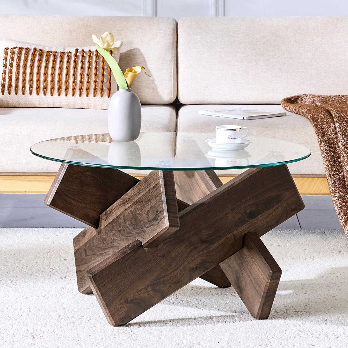 COUCHTISCH 79 cm Transparent aus MDF mit Walnussholz Korpus und Glasplatte - Klar, Holzwerkstoff (79/79/45cm) - OKWISH