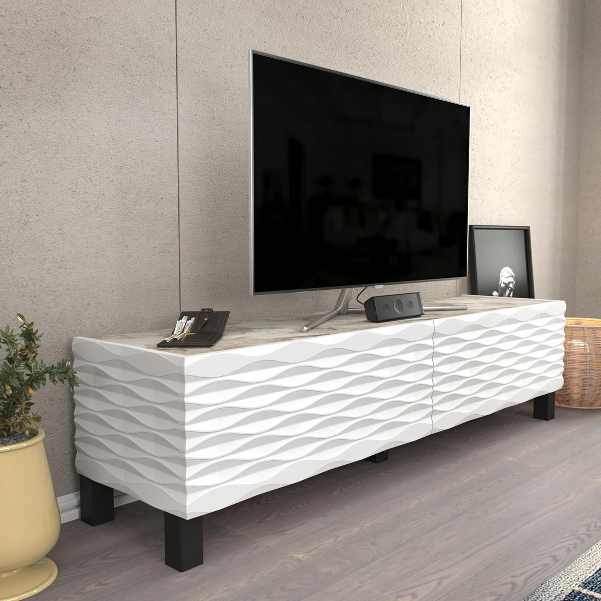 TV-ELEMENT Lerze White Marmor Weiss - Weiß, Holzwerkstoff (149.2/38/35cm)