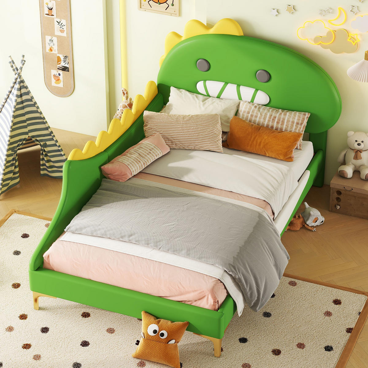 KINDERBETT Dinosaurier 90/200 cm Grün aus PU mit stabiler MDF-Konstruktion - Grün, Kunststoff (90/200cm) - OKWISH
