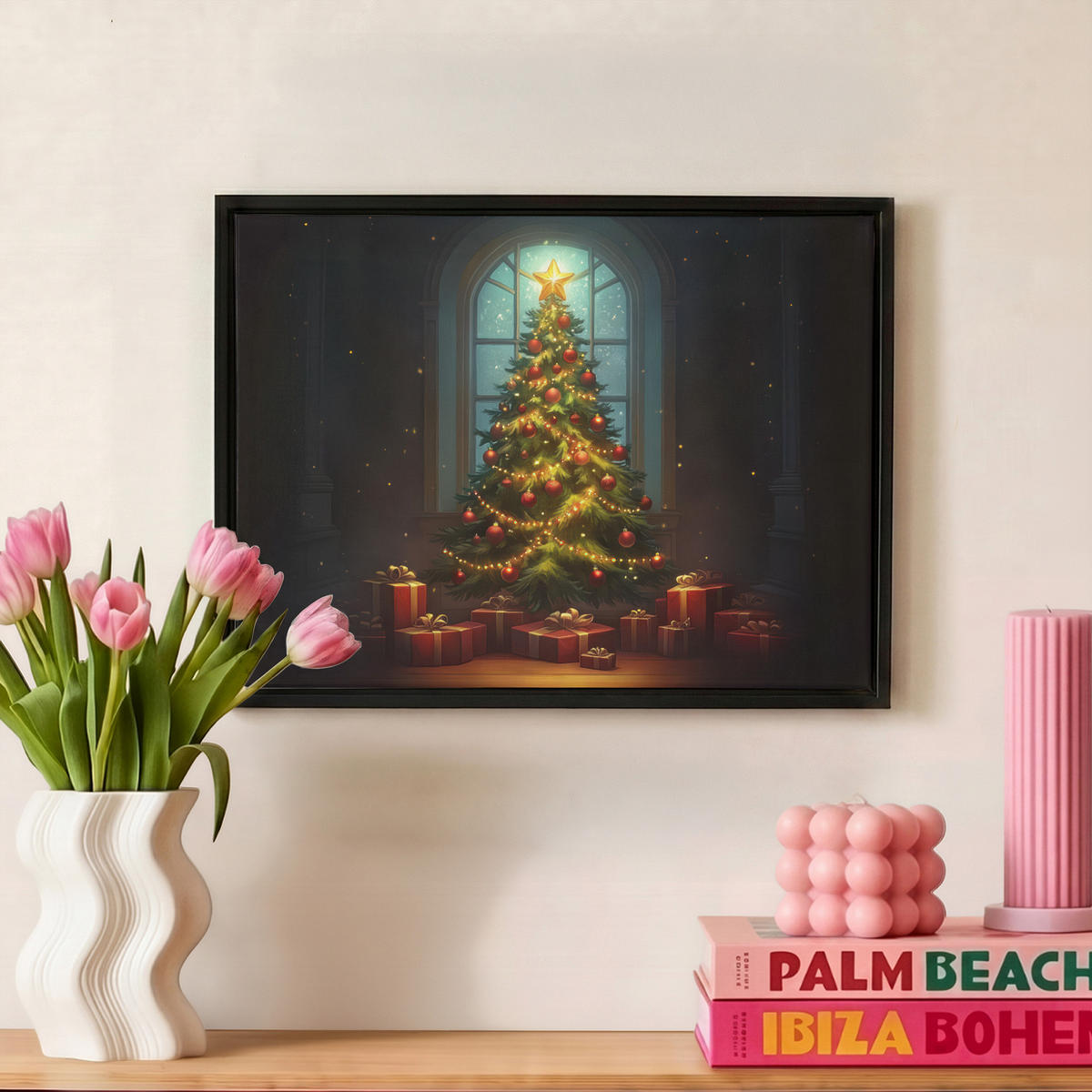 LEINWAND Bilder mit Rahmen - Weihnachtsbaum - Geschenk - Winter - 40x30 - Grün, Textil (40/30cm) - MuchoWow
