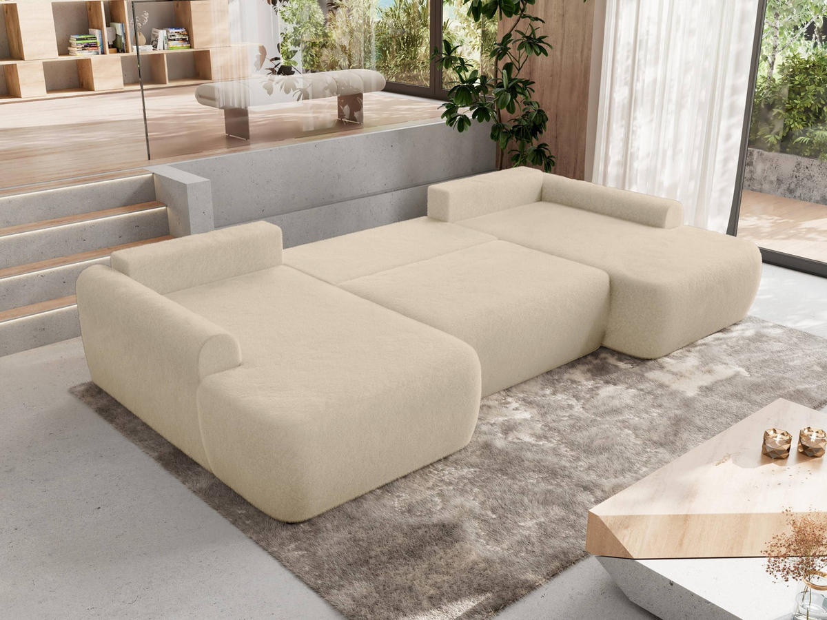 WOHNLANDSCHAFT CUBO U Creme Plüsch - Creme/Schwarz, Kunststoff/Textil (370/100/187cm) - MKS