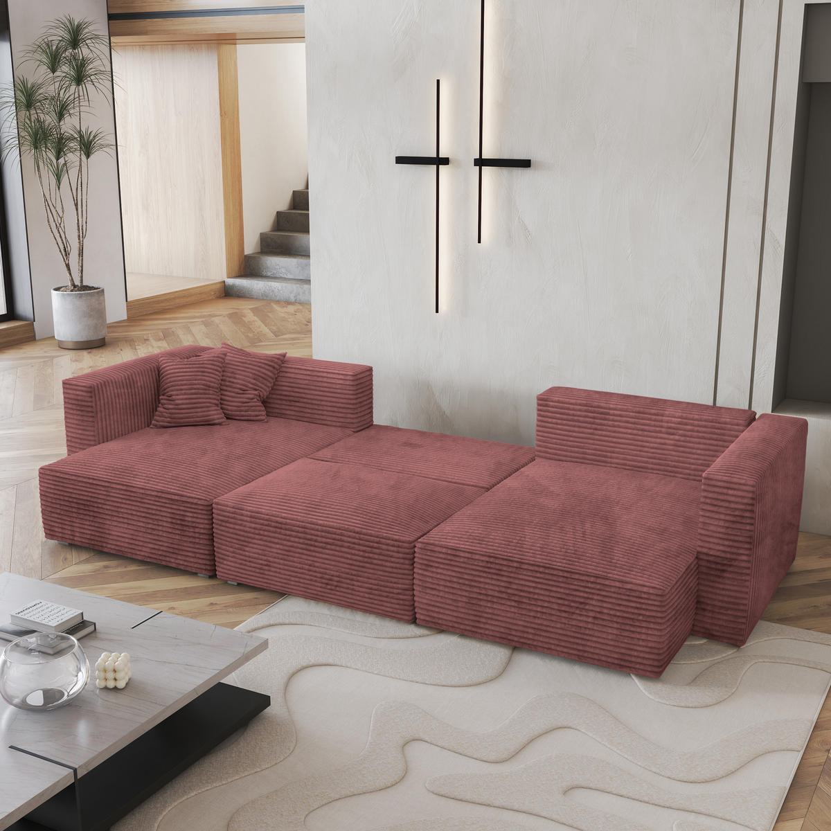 WOHNLANDSCHAFT SARMO Rosa Kordstoff mit Schlaffunktion - Rosa, Holz (347/90/148cm) - MASSENO