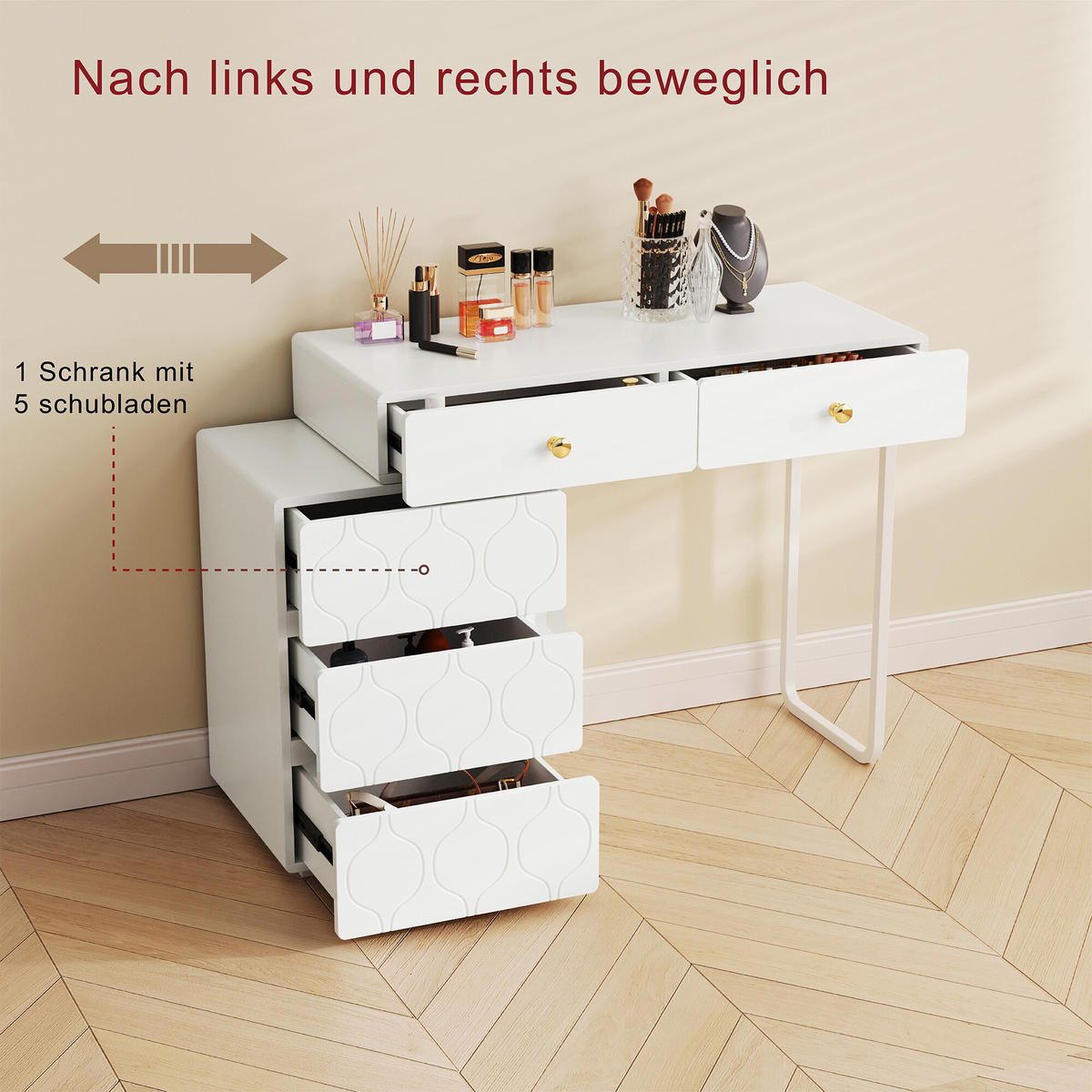 SCHMINKTISCH 90/40/74 cm Weiß - Beige, Holzwerkstoff/Metall (90/40/64cm) - Urban Meuble