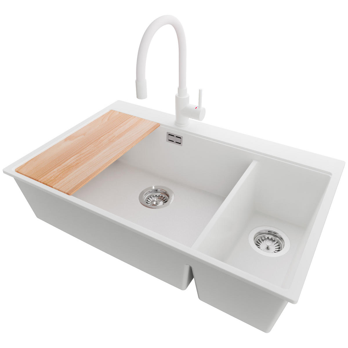 GRANITSPÜLE Oslo Duo, 2-er set Weiß 78/50 cm 2 Becken + Küchenarmatur 38/14 cm + Ablauf-Set + Schneidebrett ab 80er Unterschrank - Chromfarben/Beige, Kunststoff (78/20/50cm) - Primagran