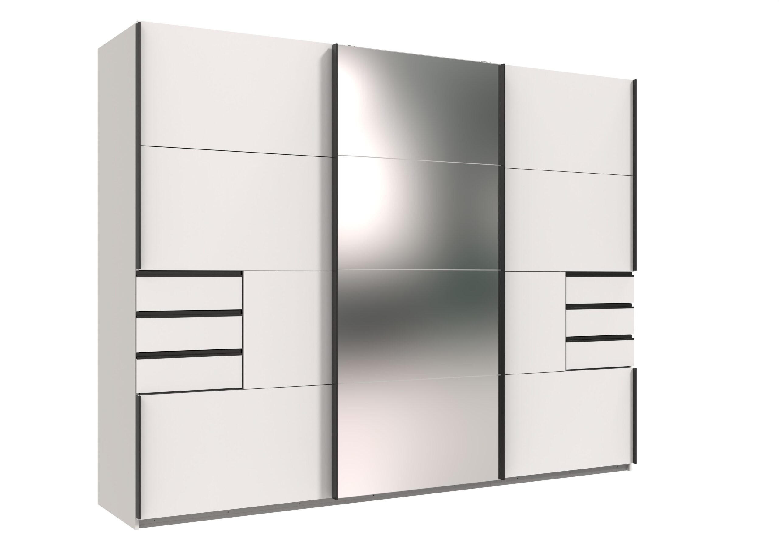 KLEIDERSCHRANK Saigon in Weiß und schwarzen Griffen mit einer Spiegel Türfront – Schwebetürenschrank 3 türig - 270 cm Breite - Weiß, Holzwerkstoff (80/200/120cm)