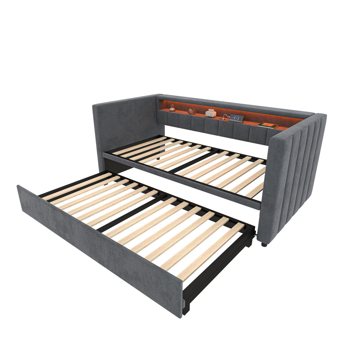 BETT mit Stauraum & Ausziehbett mit USB-C Anschluss und LED-Beleuchtung Beige 196/82-144/85 cm - Dunkelgrau, Textil - OKWISH
