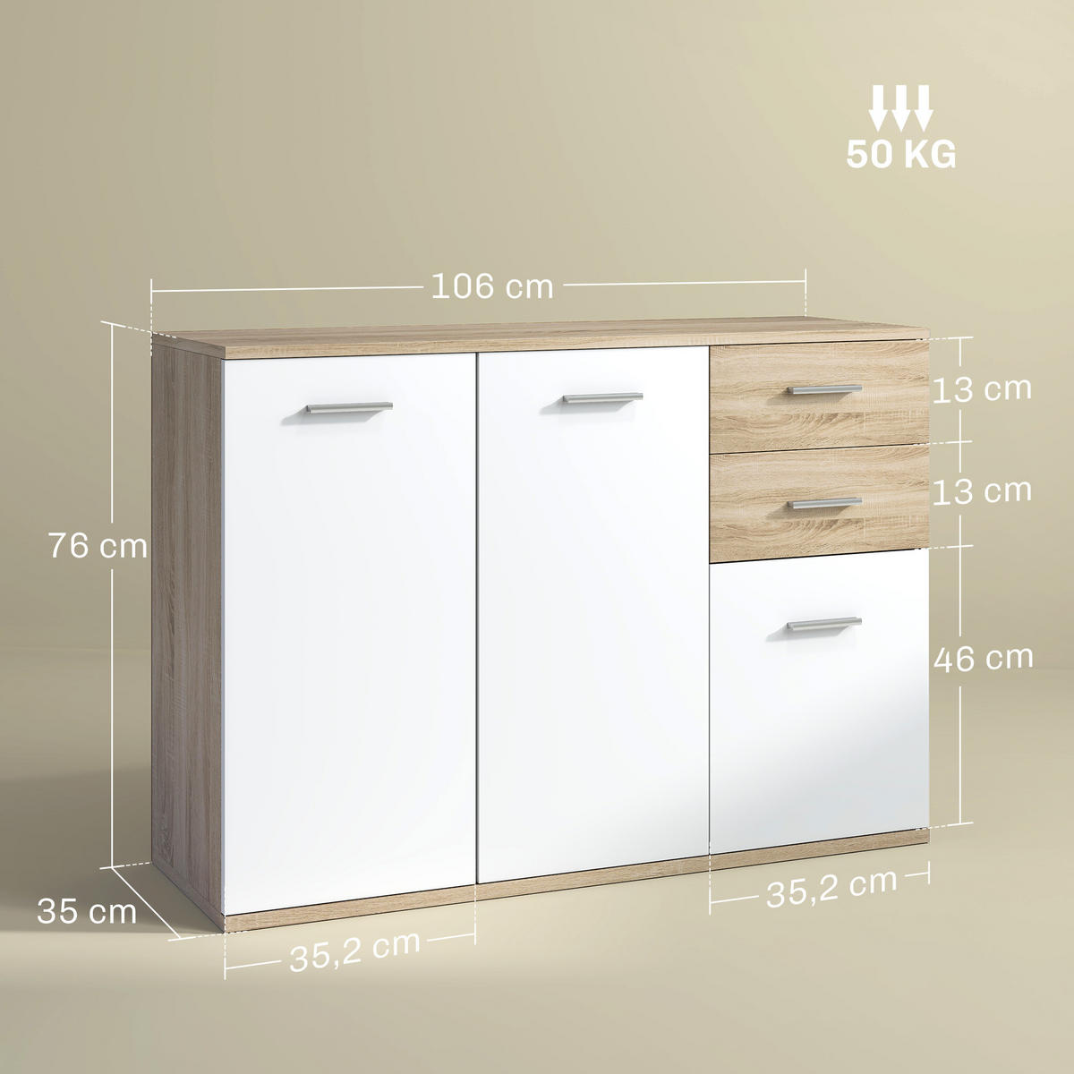 SIDEBOARD DE-11278 2 Schubladen, 3 Türen Weiß/Naturholz - Naturfarben, Holzwerkstoff (106/76/35cm) - ComfortXL