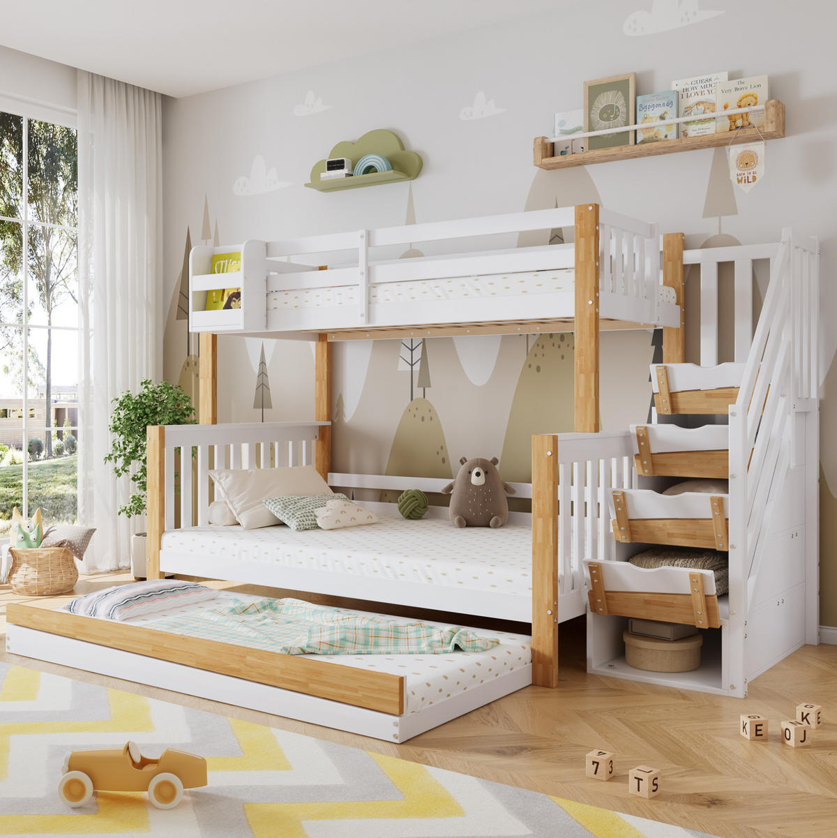 ETAGENBETT aus Kiefer und MDF 90x200/120x200 cm Weiß/Natur mit Rollbett, Stauraumtreppe und Fallschutz - Weiß, Holzwerkstoff (90/200cm) - Modfu