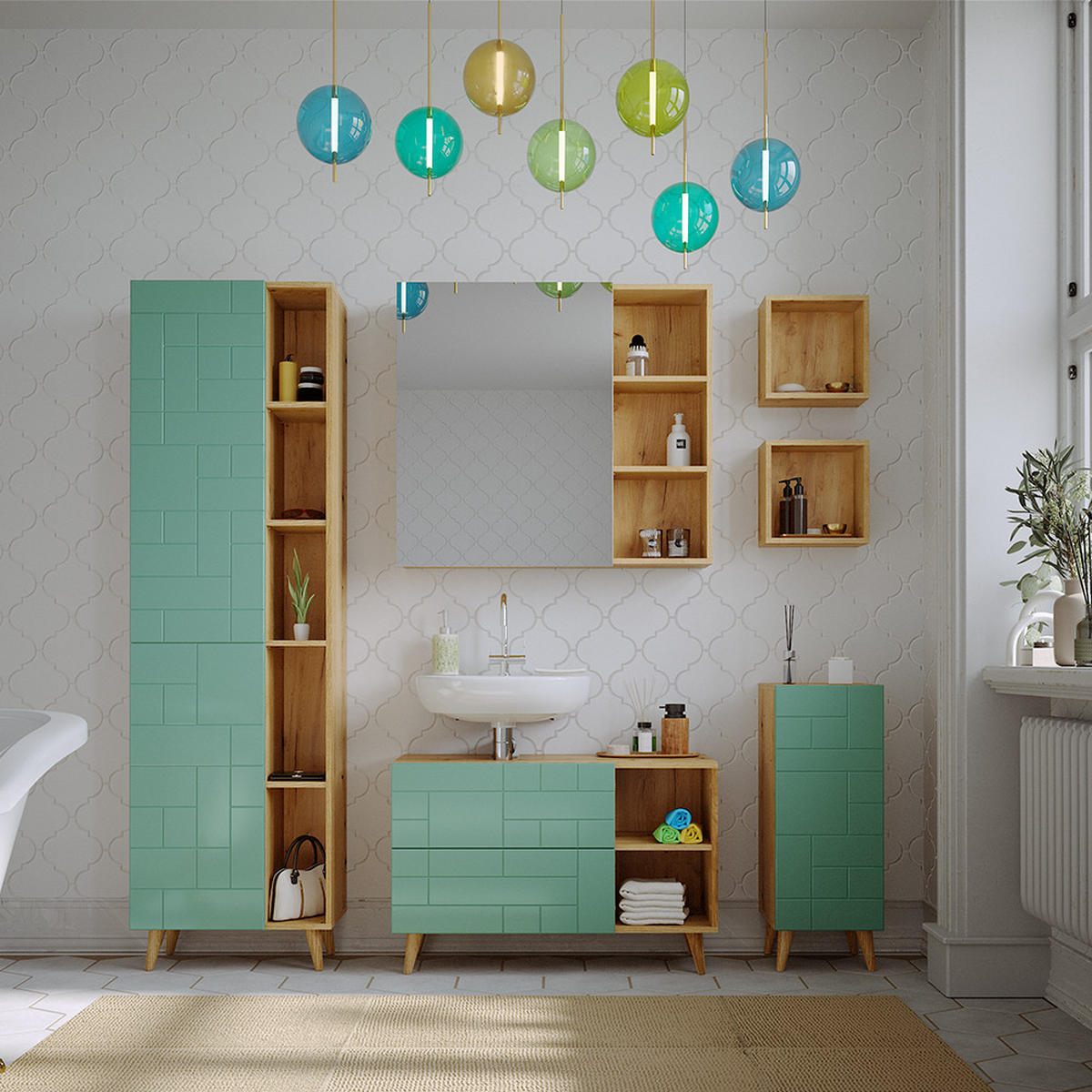 BADMÖBEL-SET Rudi Mintgrün 6 Teile, mit Hochschrank - Eichefarben/Mintgrün, Holzwerkstoff (90/59/32cm) - Vicco