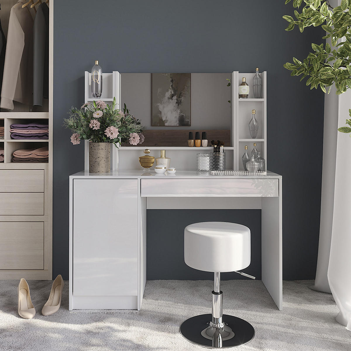 SCHMINKTISCH Sherry Weiß/Weiß Hochglanz 119.8 cm 5 Teile - Weiß Hochglanz, Holzwerkstoff (119.8/76/50.1cm) - Vicco