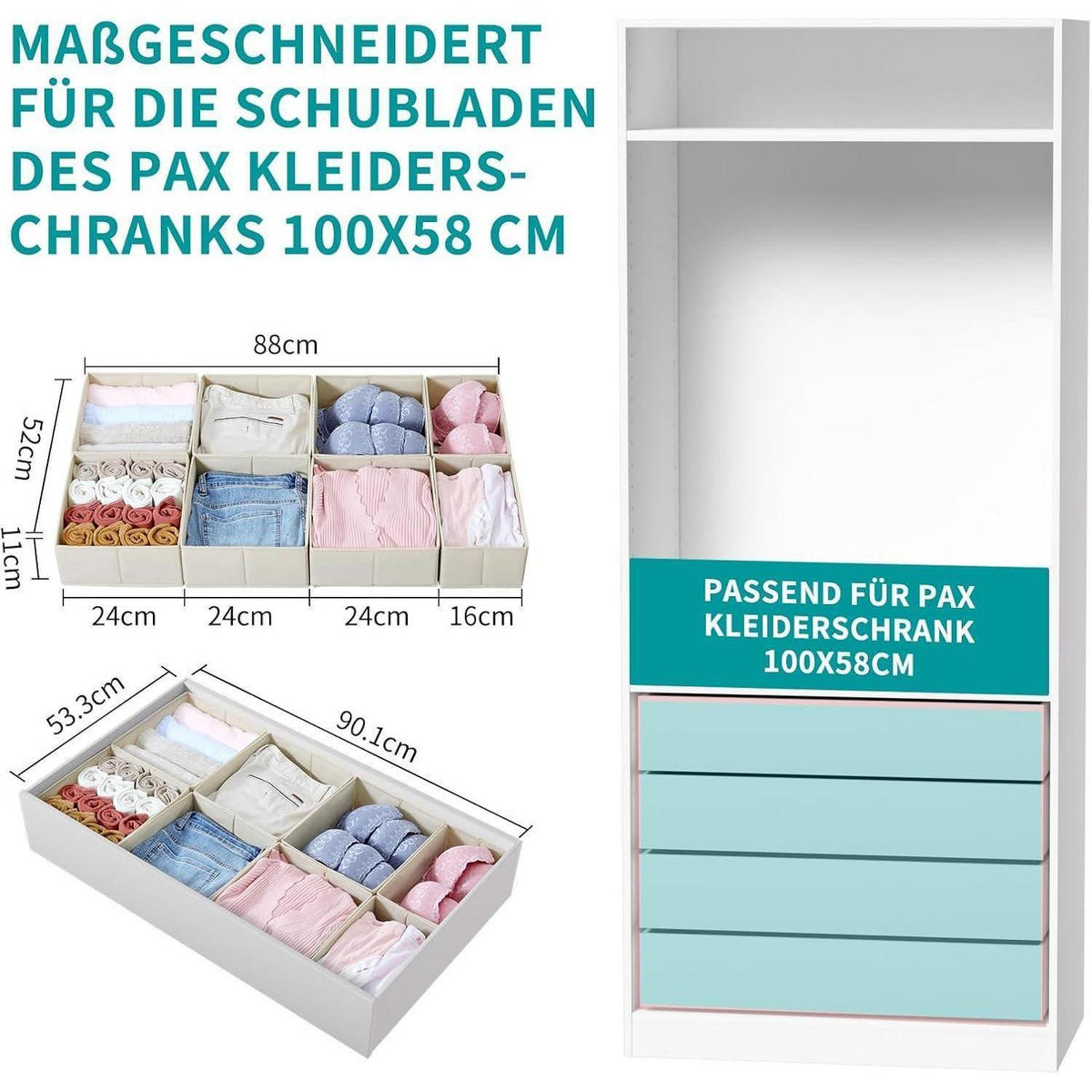 SCHUBLADEN Organizer 8er Set Beige für PAX Kleiderschrank 100x58 cm - Beige, Textil (24/11/26cm)