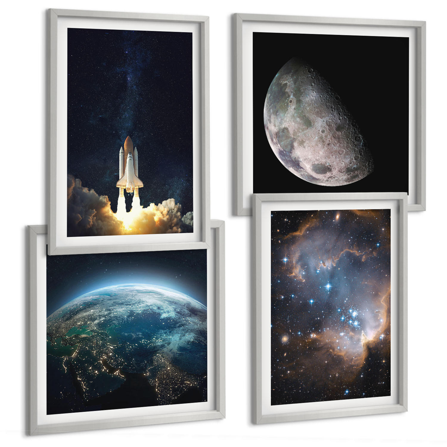 BILDER SET 4er Set - 50x50 cm & 40x60 cm Silberner Rahmen - Weltraum Erde Rakete Galaxie - Silberfarben, Kunststoff (50/50cm) - TULUP