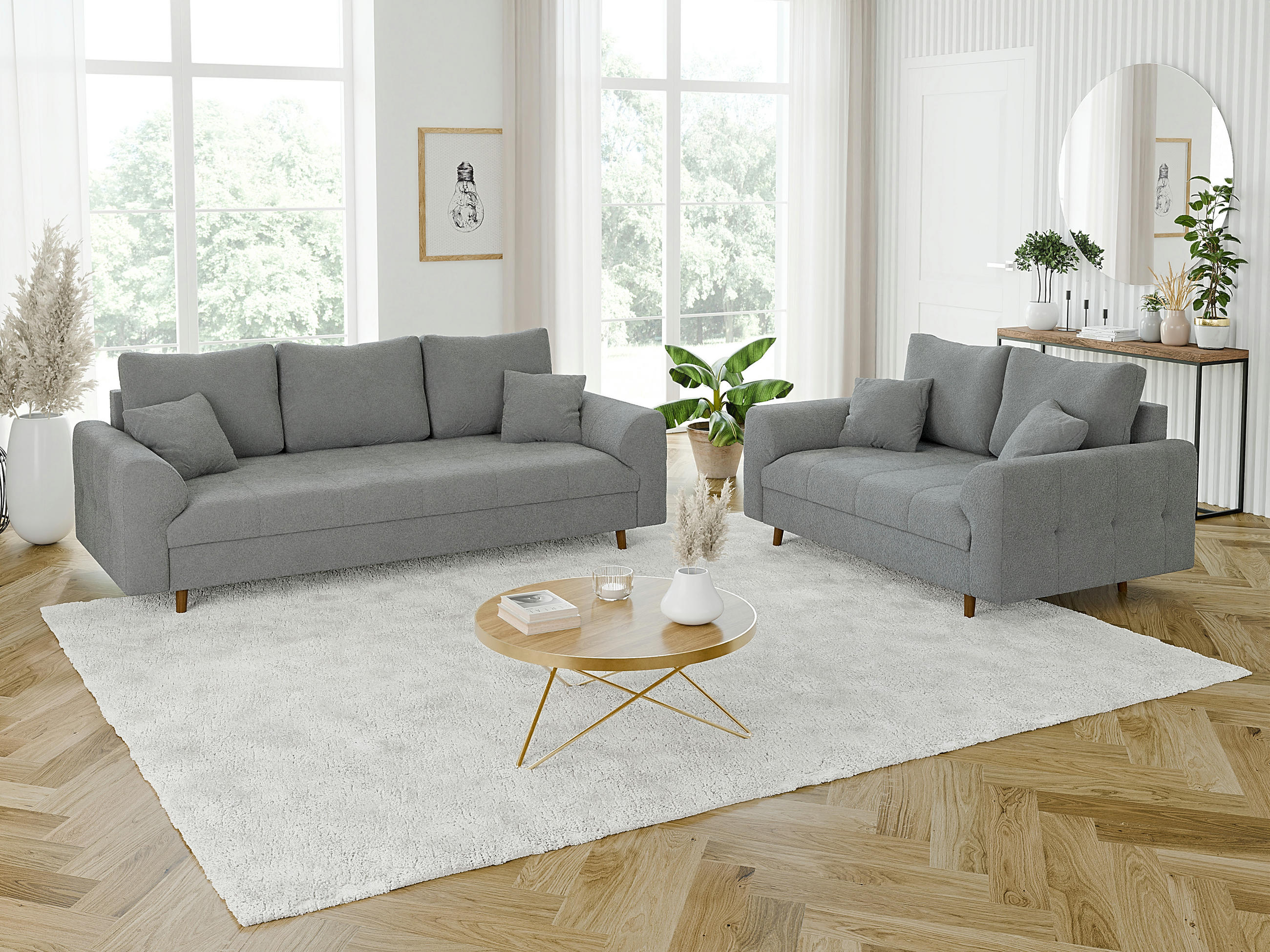 SITZGARNITUR 3+2 Henrik Grau Boucle - Braun/Grau, Holz/Textil (210/81/93cm) - S-Style Möbel