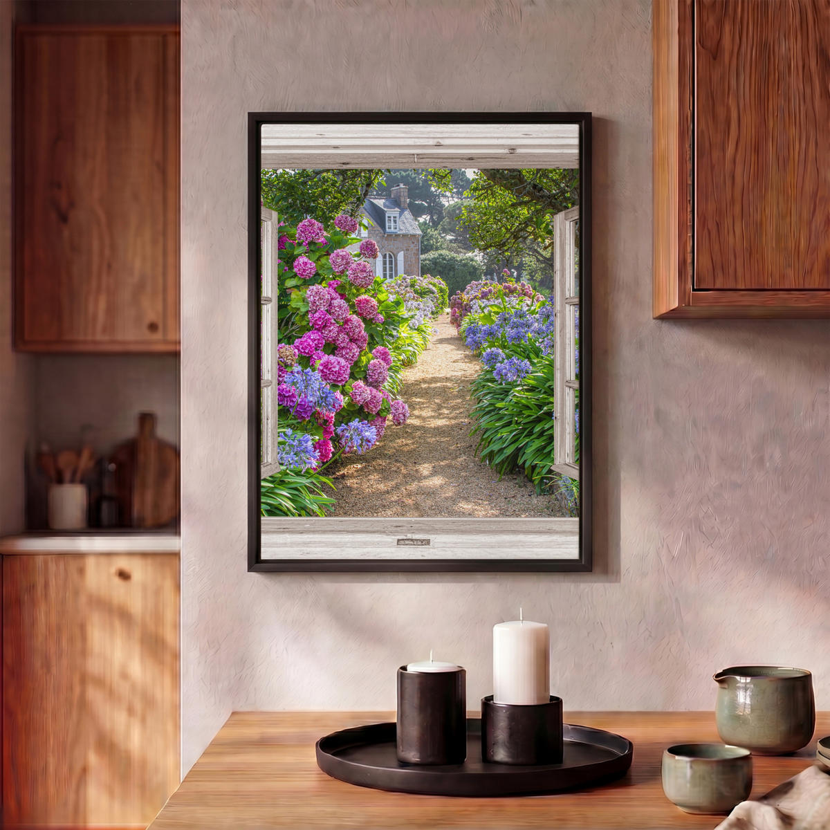 LEINWAND Bilder mit Rahmen - Hortensie - Durchsichtig - Blumen - Sommer - Lila - Weg - 30x40 - Lila, Textil (30/40cm) - MuchoWow