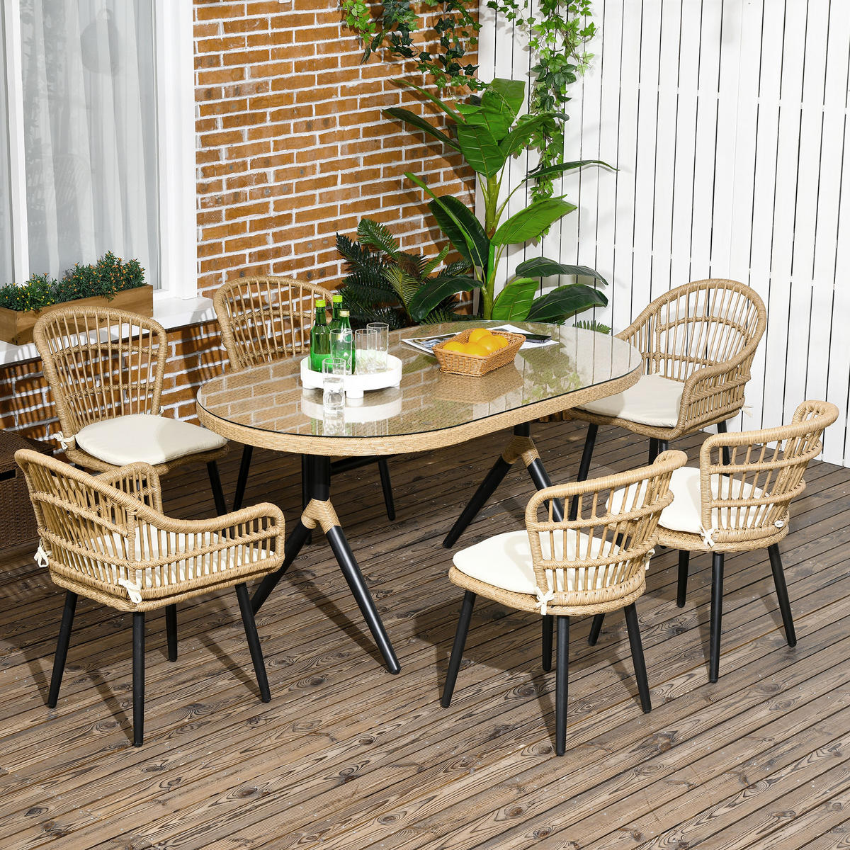 GARTENESSGRUPPE DE-13594 mit 6 Stühlen & Glastisch, PE-Rattan Natur - Naturfarben, Metall - ComfortXL