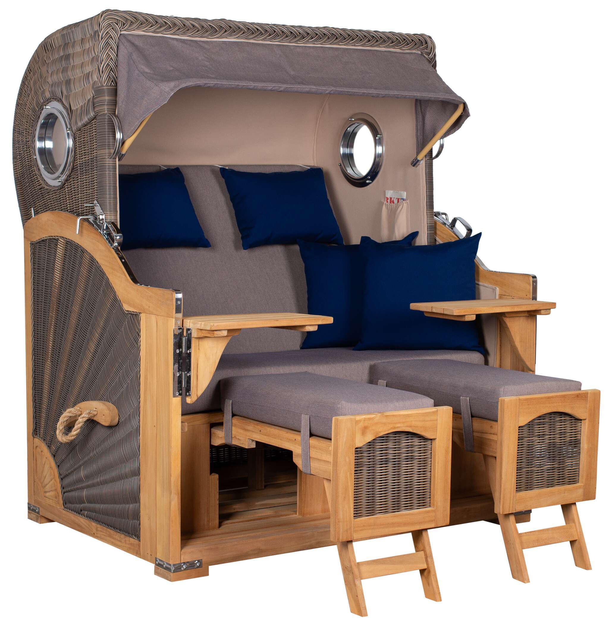 STRANDKORB Düne Grande Bullauge Teak PE Grey Dessin 589 - Braun/Grau, Metall (142/170/95cm) - Mr. Deko