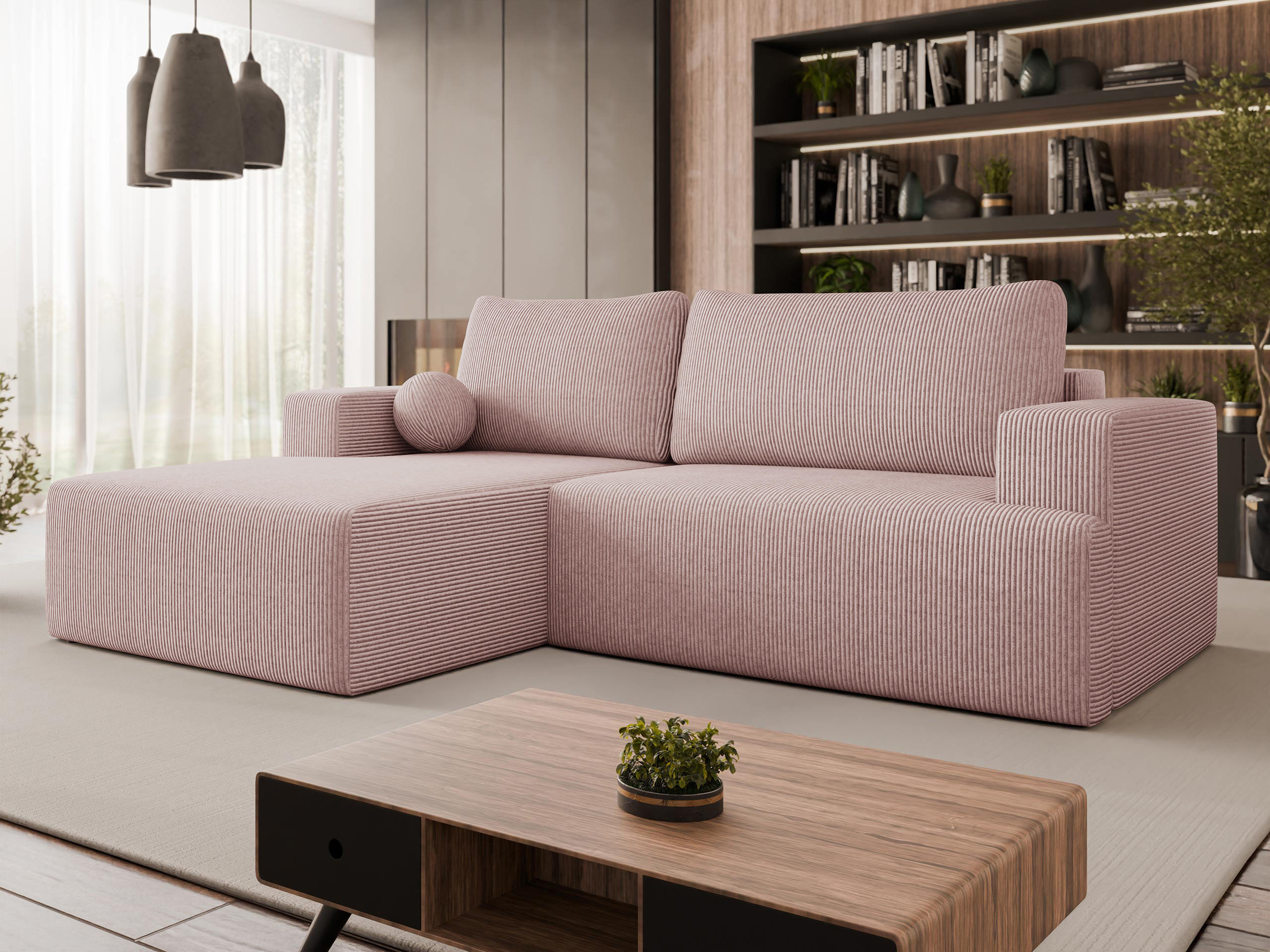 ECKSOFA Mivo Cord, Seite: Links - Schwarz/Rosa, Holz/Kunststoff (266/163cm) - MIRJAN24