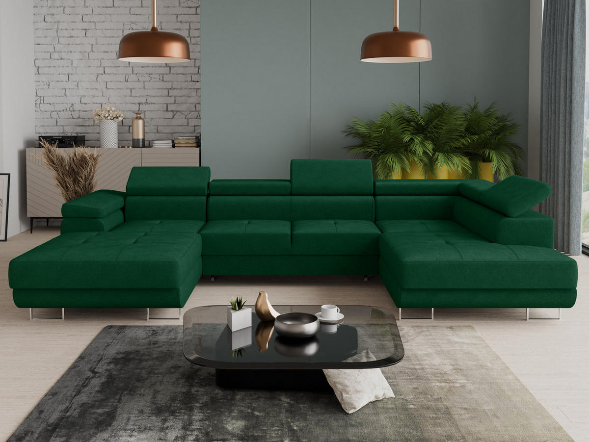 WOHNLANDSCHAFT Caris U, Seite: Links - Grün, Holz/Textil (348/90/205cm) - Sofnet