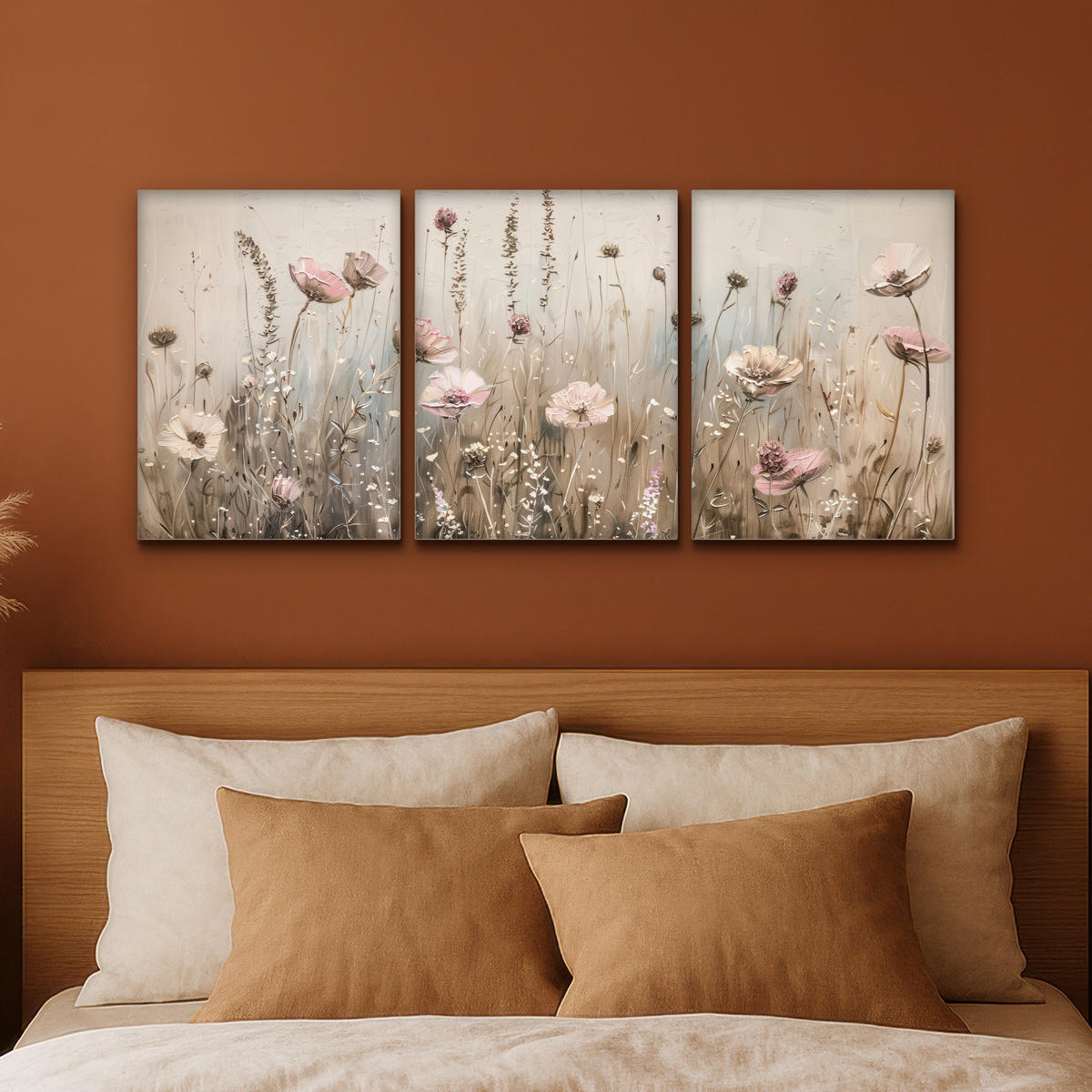 LEINWANDBILD 3er Set Blumen - Beige - Modern - Rosa 90x40 cm - Ecru, Textil (90/40cm) - MuchoWow