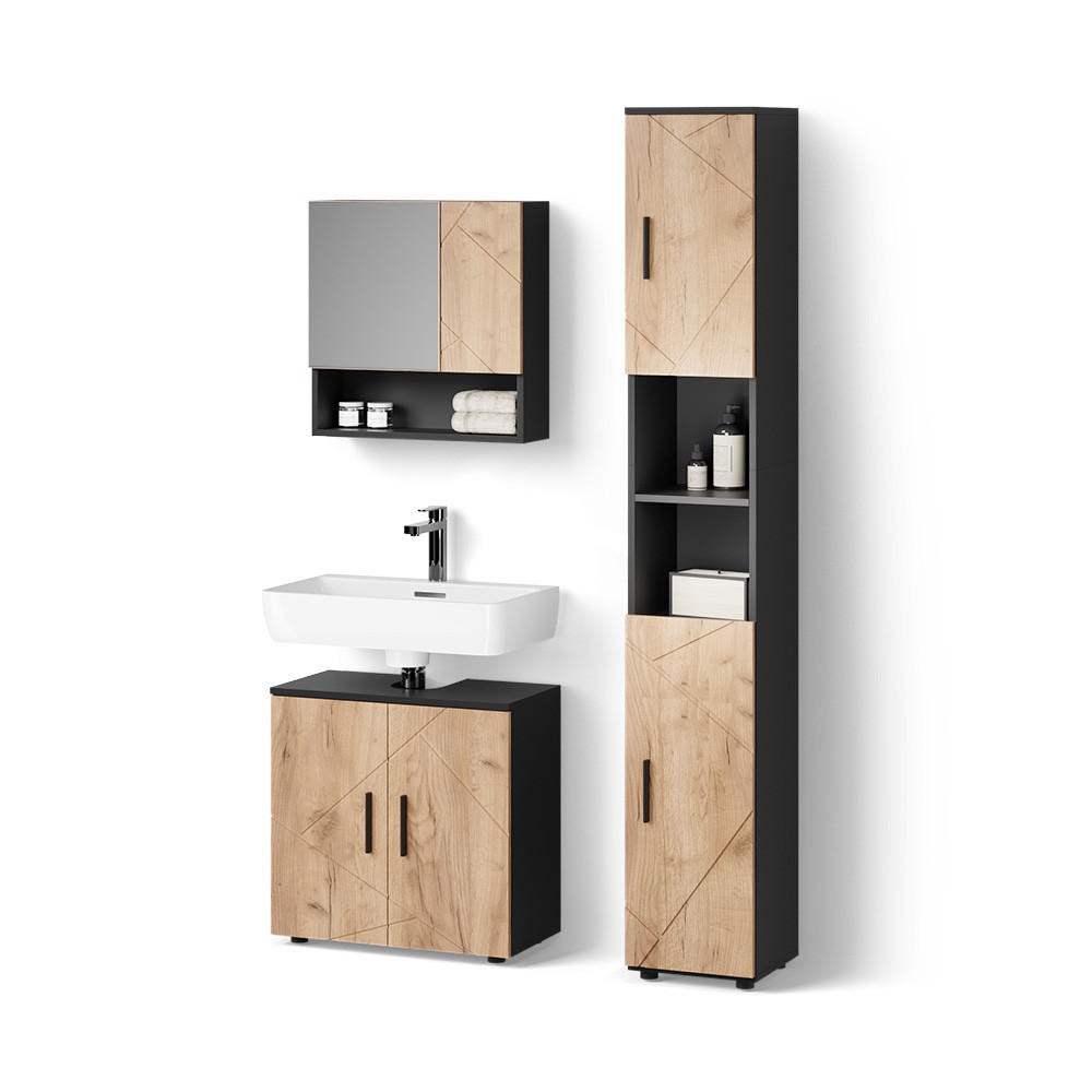 BADMÖBEL-SET Ronco Goldkraft Eiche/Anthrazit 3 Teile, mit Hochschrank - Honigeiche/Anthrazit, Holzwerkstoff (60/192/30cm) - Livinity®