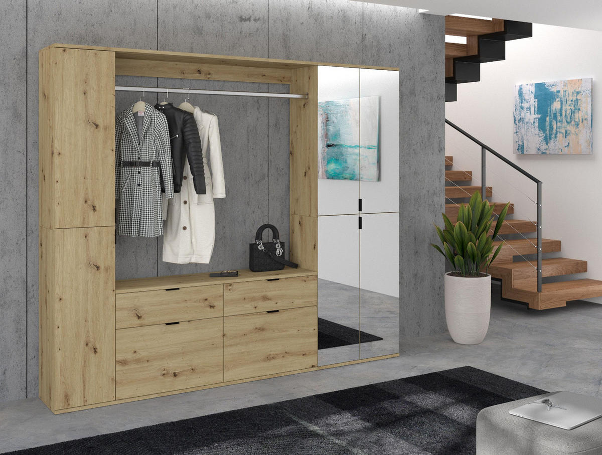 GARDEROBEN-SET Eiche 212 cm, Komplettset mit Spiegel - Schwarz/Eiche Artisan, Glas/Holzwerkstoff (212/193/34cm) - Inn.Furn