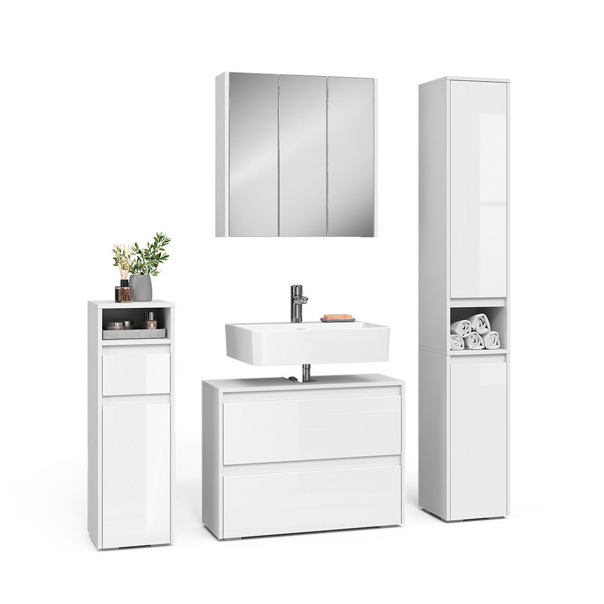 BADMÖBEL-SET Majest Weiß/Weiß Hochglanz 4 Teile - Weiß Hochglanz, Holzwerkstoff (30.2/96.3/30cm) - Vicco