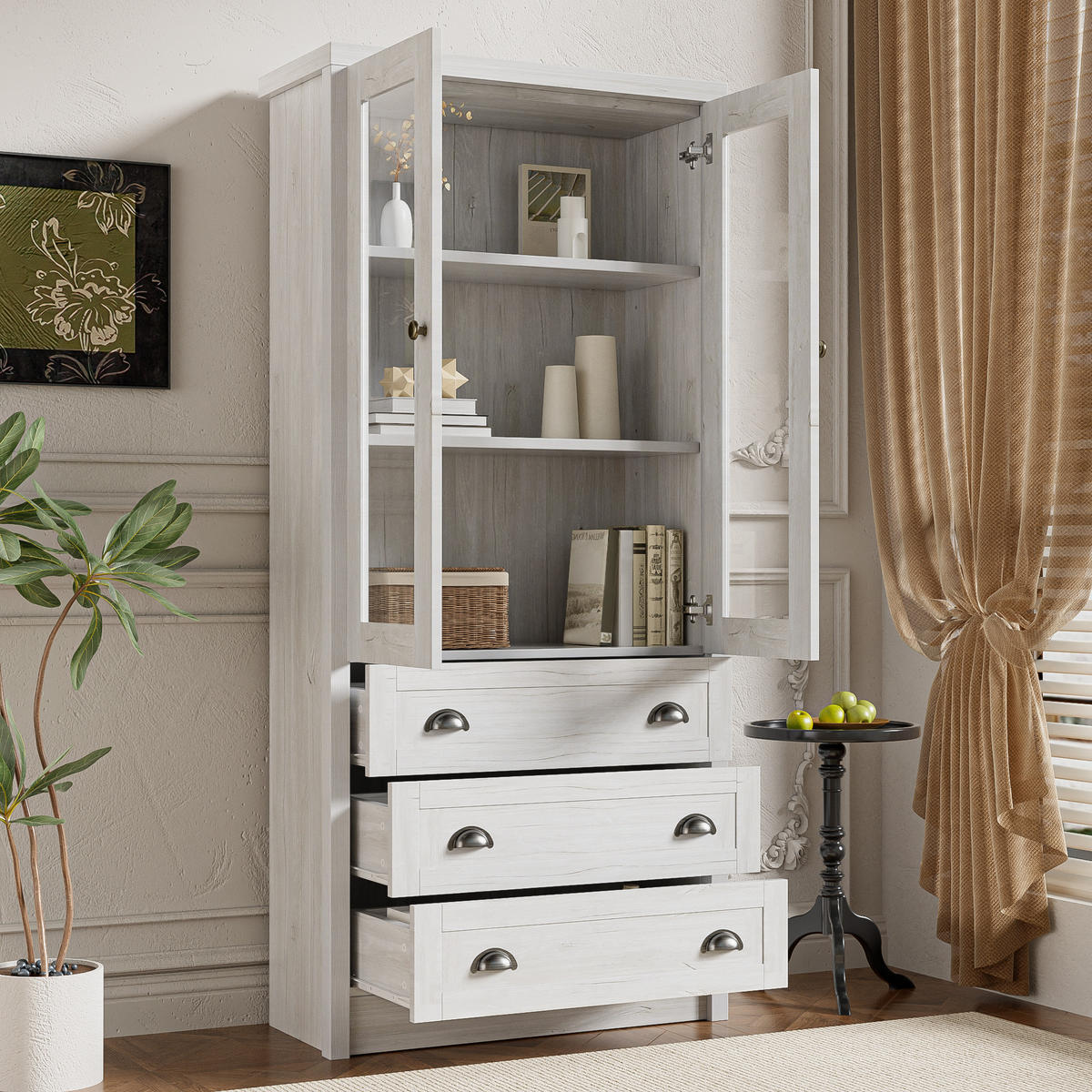 HOCHSCHRANK mit Glastüren, 3 Schubladen und Kupfergriffen, 80/34/171 cm, Holzoptik, Weiß - Naturfarben/Weiß, Holzwerkstoff (80/171/34cm) - Redom