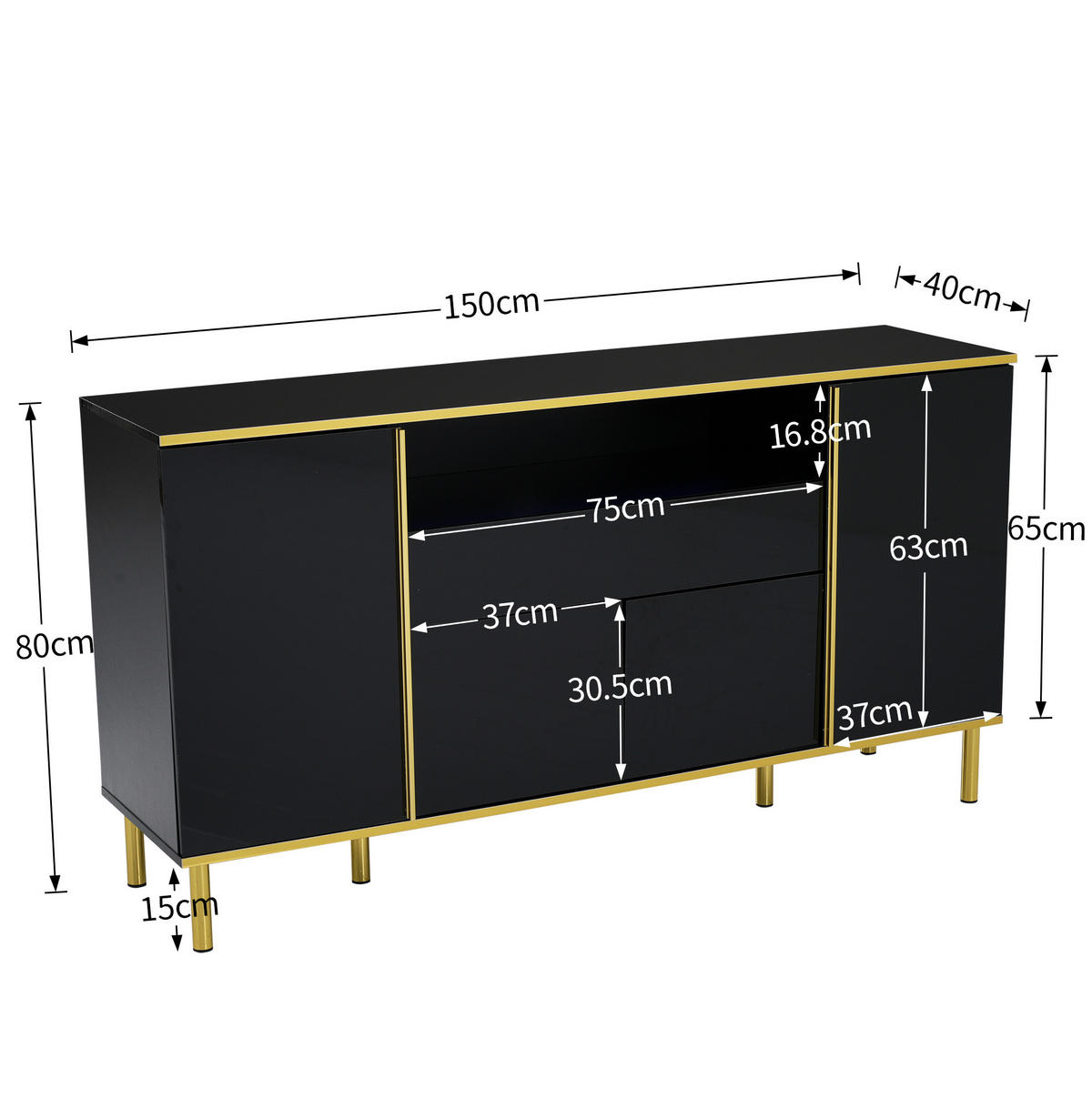 SIDEBOARD Hochglanz 150 x 40 x 80 cm Schwarz mit LED - Schwarz, Holzwerkstoff (150/80/40cm) - Meubliv