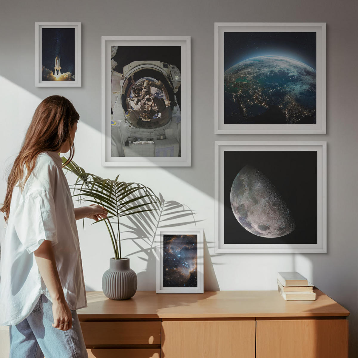 BILDER SET 5er Set - 50x50 cm & 20x30 cm & 40x60 cm Weißer Rahmen - Weltraum Erde Rakete Galaxie - Weiß, Kunststoff (40/60cm) - TULUP