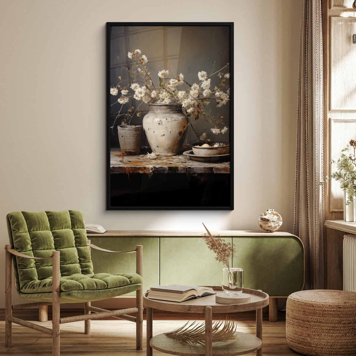 GERAHMTES BILD Stilleben - Blumen - Blumenstrauß - Vase - Wein 80x120 cm - Schwarz, Papier (80/120cm) - MuchoWow