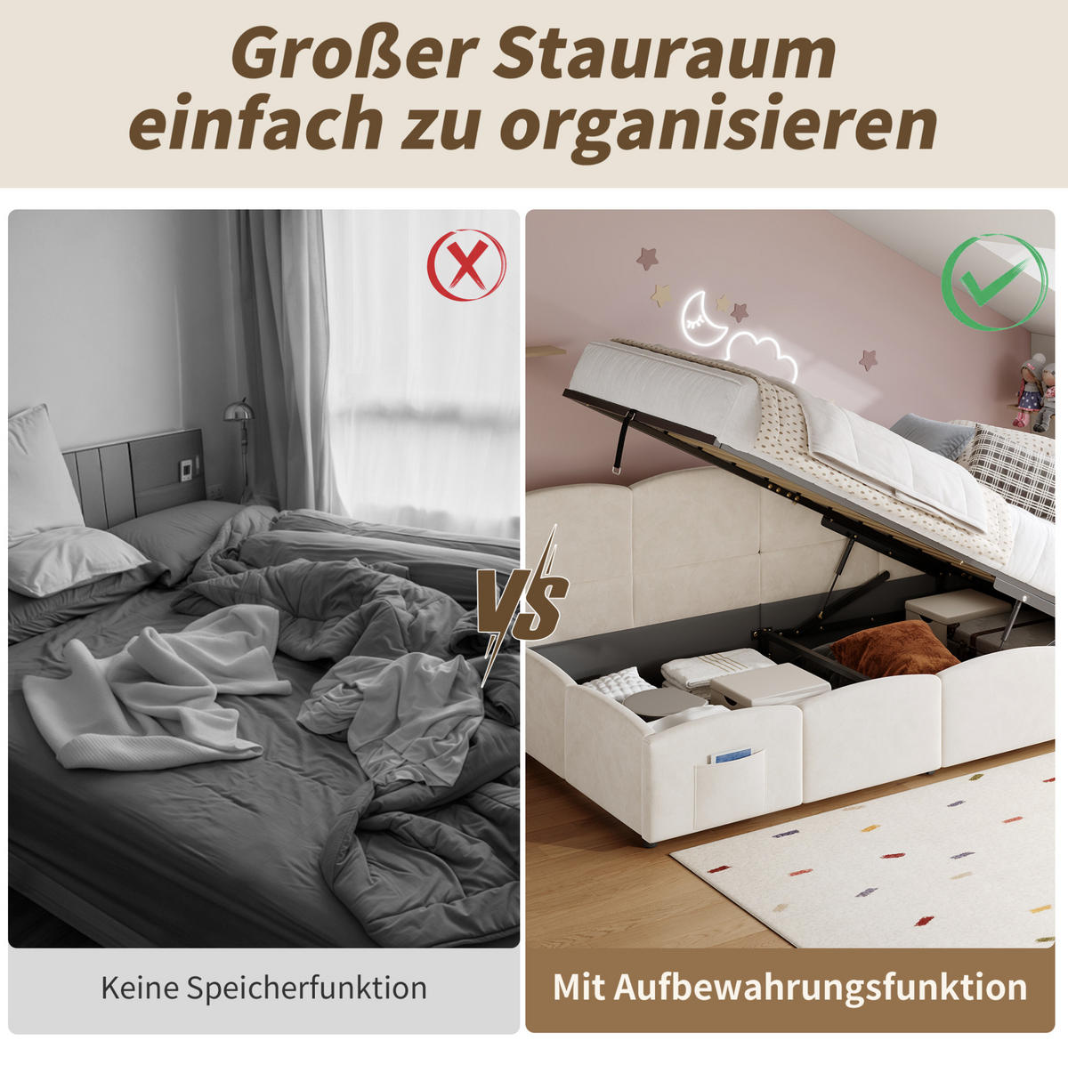 POLSTERBETT 90/200 cm mit hydraulischem Stauraum, USB-A/USB-C und Seitentaschen, Samt, Beige - Beige, Textil (90/200cm) - Redom