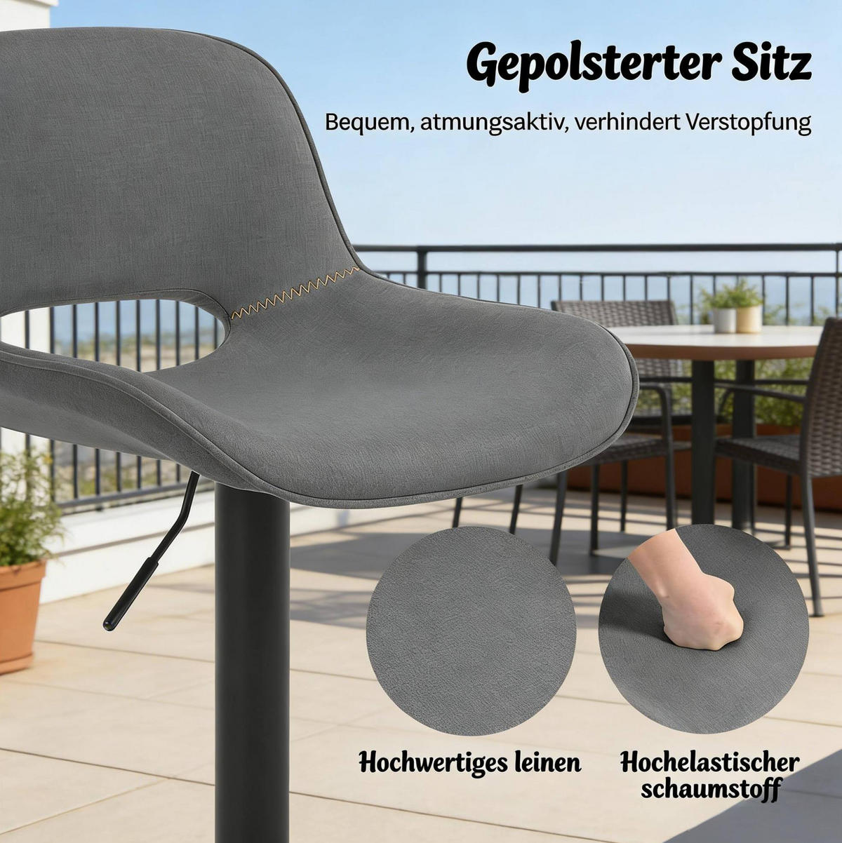 BARHOCKER 2er-Set drehbar mit Lehne Grau Leinen Metall - Grau, Metall (49/106/49cm) - Meubliv