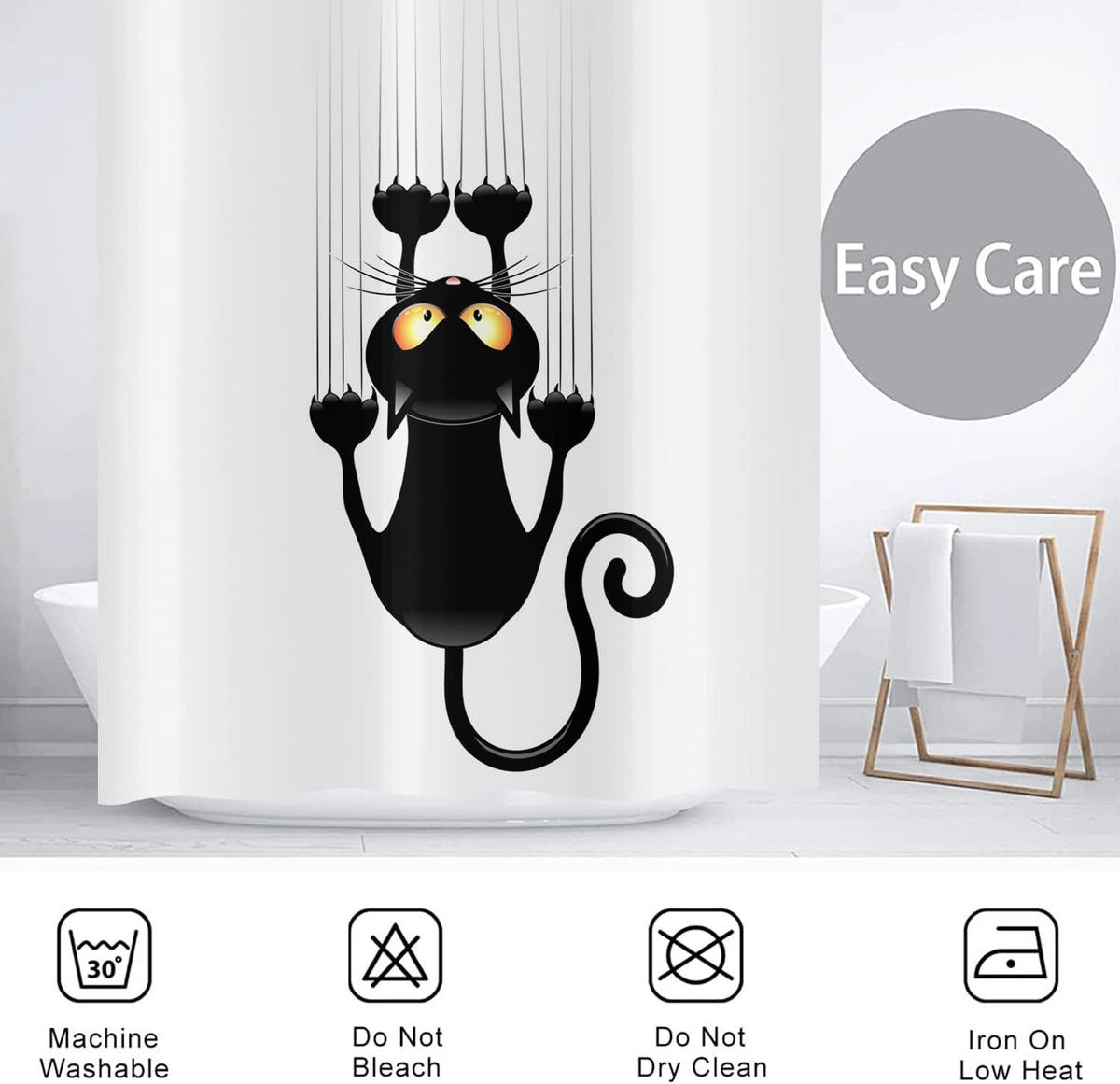 DUSCHVORHANG Katze Schwarz 120 x 180 cm Wand Stoff wasserdicht waschbar - Weiß, Textil (120/180cm) - MCBOSON