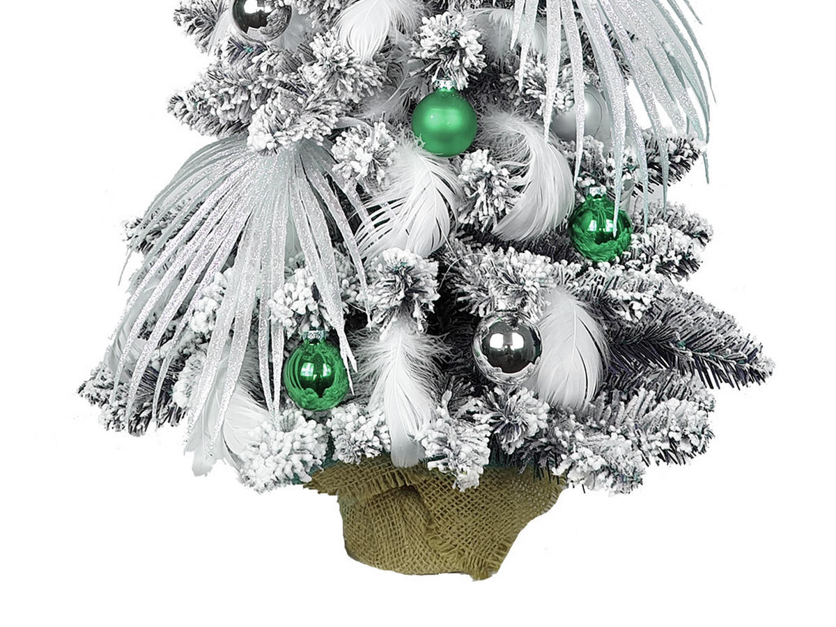 WEIHNACHTSBAUM künstlicher 60 cm mit LED-Beleuchtung, POLAR GRÜN, mit 41 Weihnachtsbaumschmuck, Pflanztopf mit Jutesack - Silberfarben/Weiß, Kunststoff/Stein (40/60cm) - LAALU