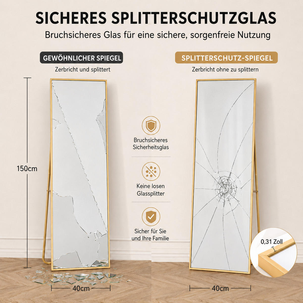 STANDSPIEGEL 150/40 cm Goldfarben, Ganzkörperspiegel mit Ständer, rechteckiger Metallrahmen - Goldfarben, Metall (40/150/5cm) - Joyfair