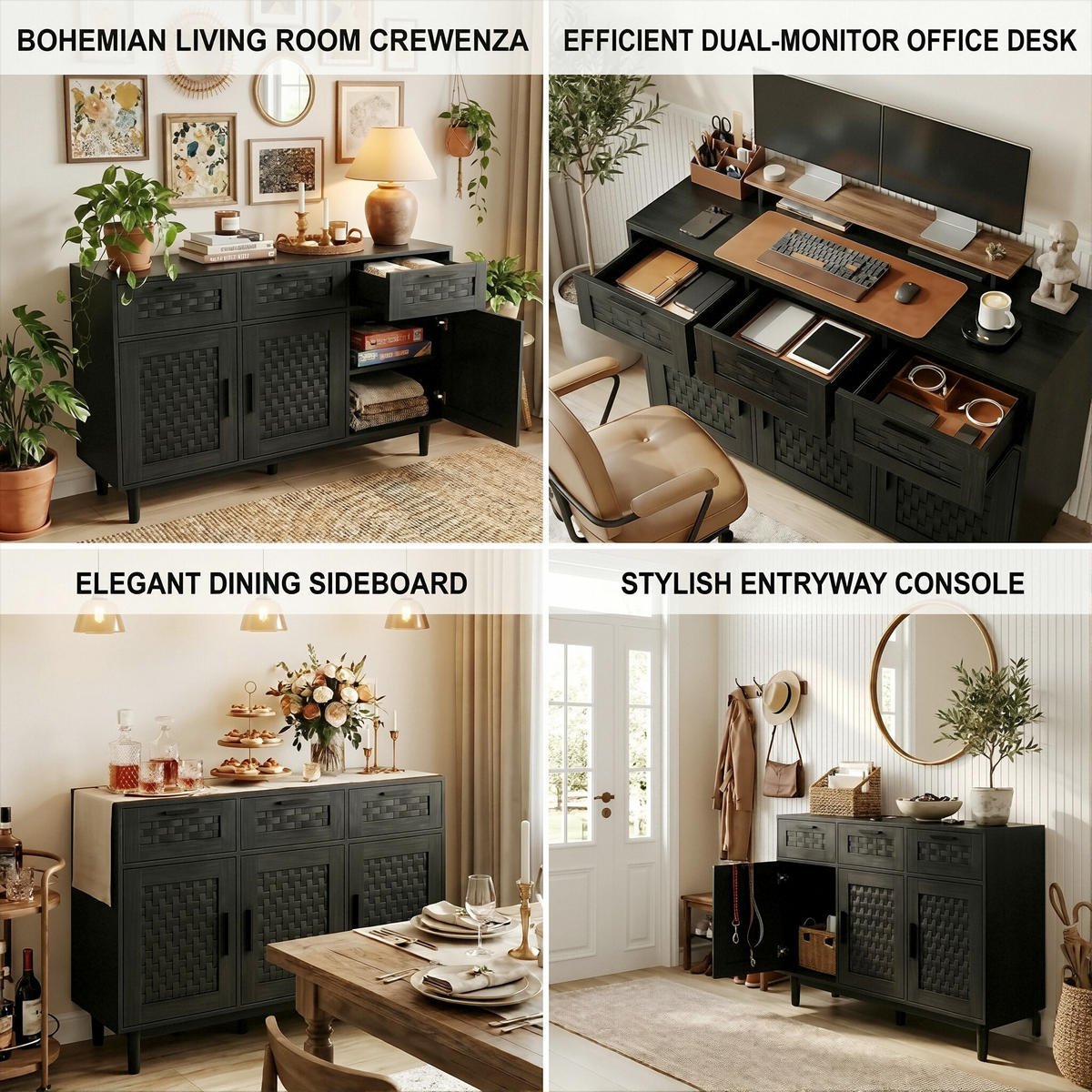 SIDEBOARD Japandi mit 3 Türen & 3 Schubladen 108/40/80 cm Schwarz - Schwarz, Holzwerkstoff (107.9/80/40cm) - Creahappy