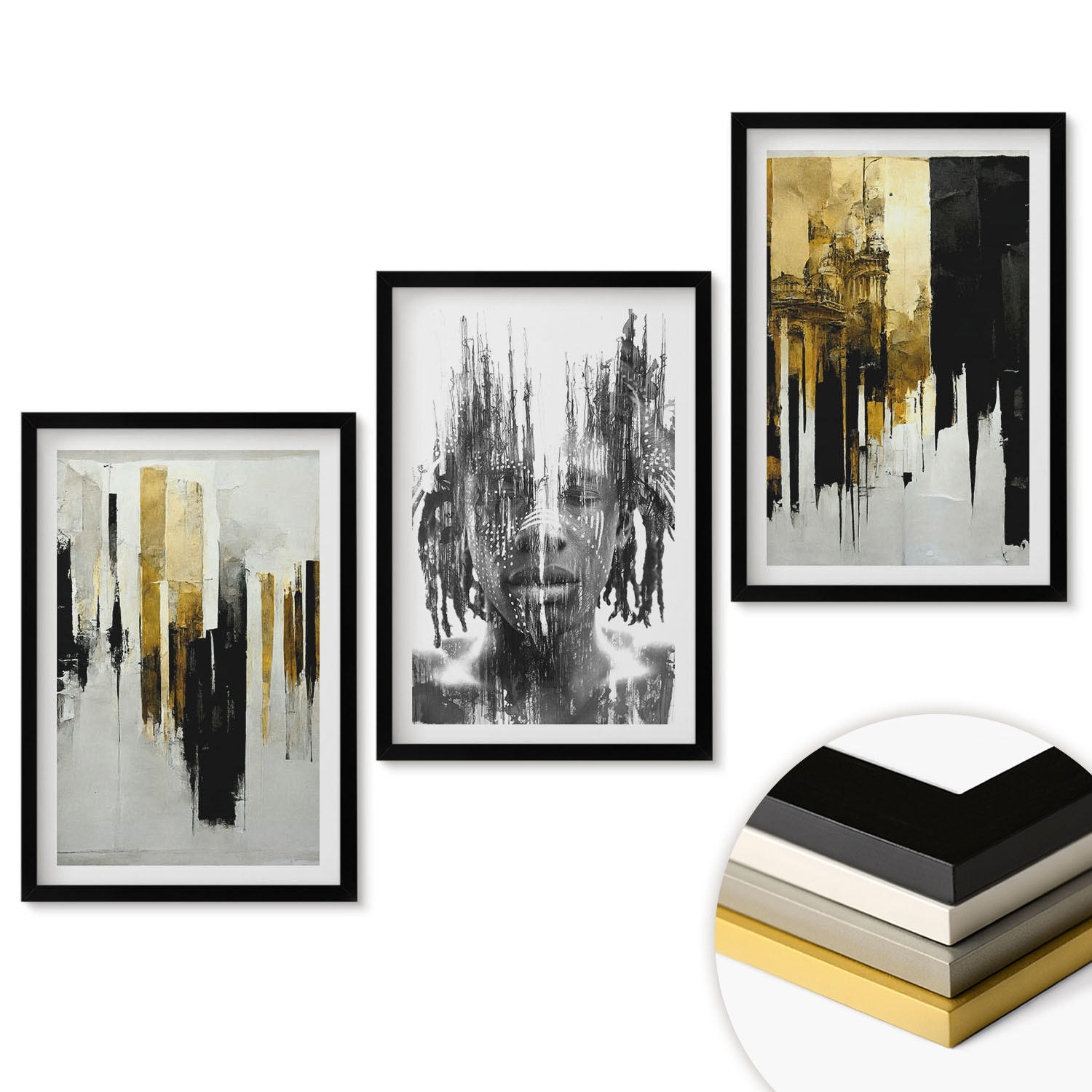 WANDBILDER 3er-Set - 40x60 cm Schwarzer Rahmen - Kontrastierende abstrakte Porträts - Schwarz, Kunststoff (40/60cm) - ArtPrintCave