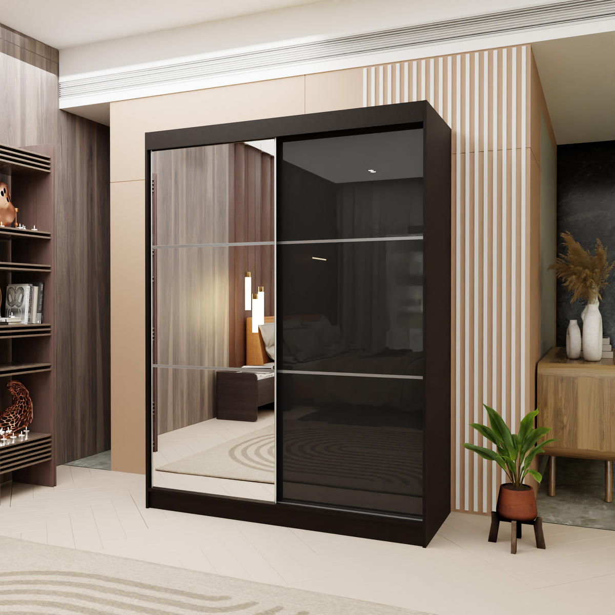 SCHWEBETÜRENSCHRANK VITALE 150/216/61 cm 2-türig mit Spiegel Schwarz - Schwarz, Holzwerkstoff (150/216/61cm) - MASSENO