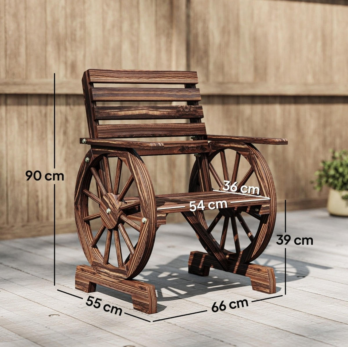 GARTENSTUHL aus Holz 55x66x90 cm Anthrazit mit Wagenrad-Design, karbonisiertem Gestell und bequemen Armlehnen - Alteiche, Holzwerkstoff (55/90/66cm) - Modfu