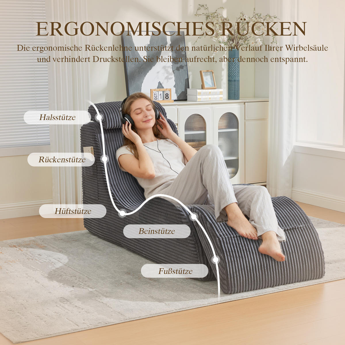 SESSEL Cord Dunkelgrau mit Seitentasche und Kopfkissen - Dunkelgrau, Holzwerkstoff/Textil (66/90/160cm) - WISHDOR