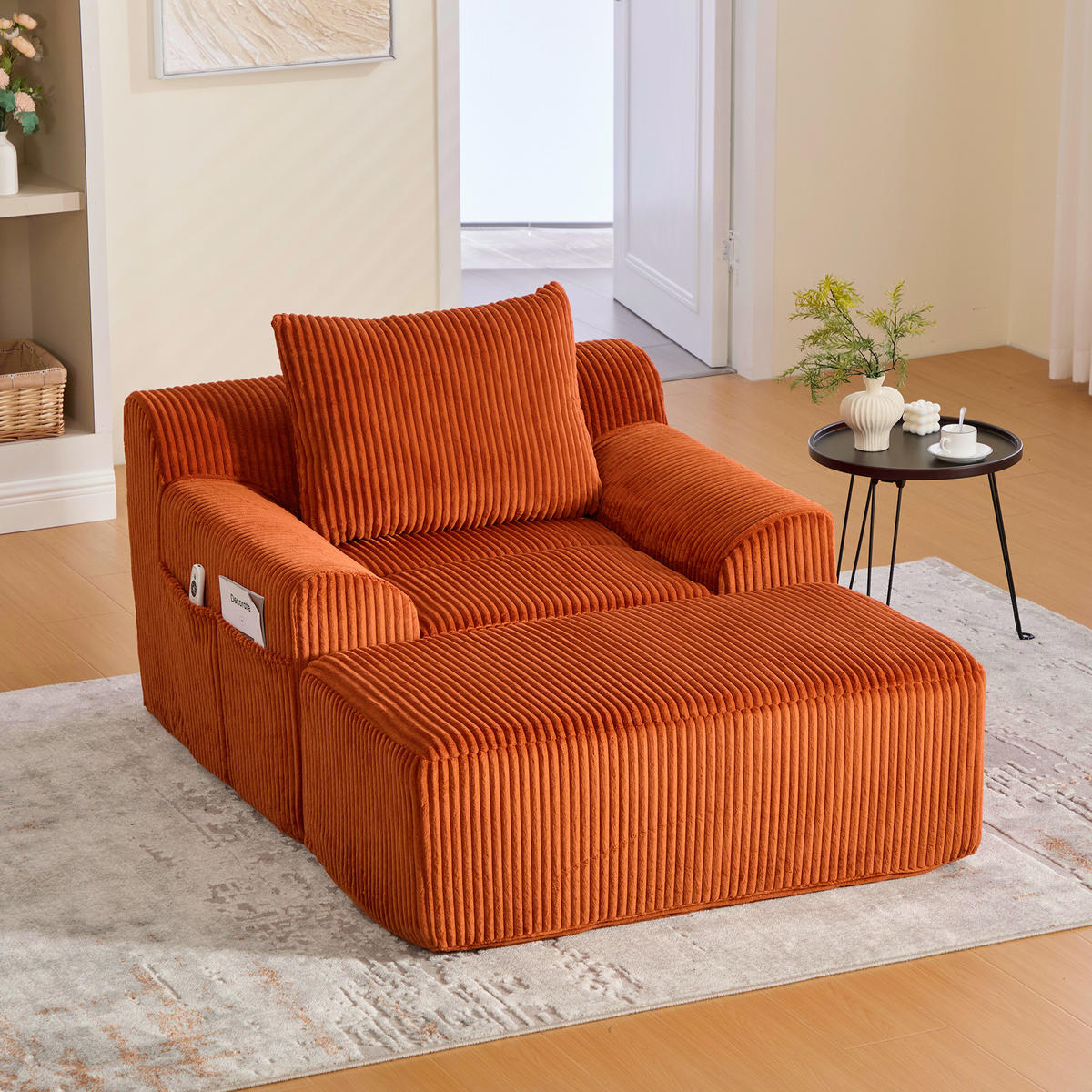 SOFA Cord Orange mit Fußhocker, Seitentaschen und Kissen - Orange, Textil (110/67/147cm) - WISHDOR