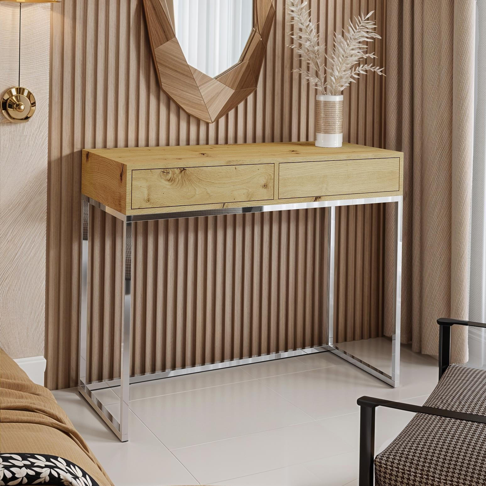 SCHMINKTISCH Cubic 80 Wotan Eiche, mit Chromgestell - Chromfarben/Eiche Wotan, Holzwerkstoff/Metall (35/80/80cm) - Bettso