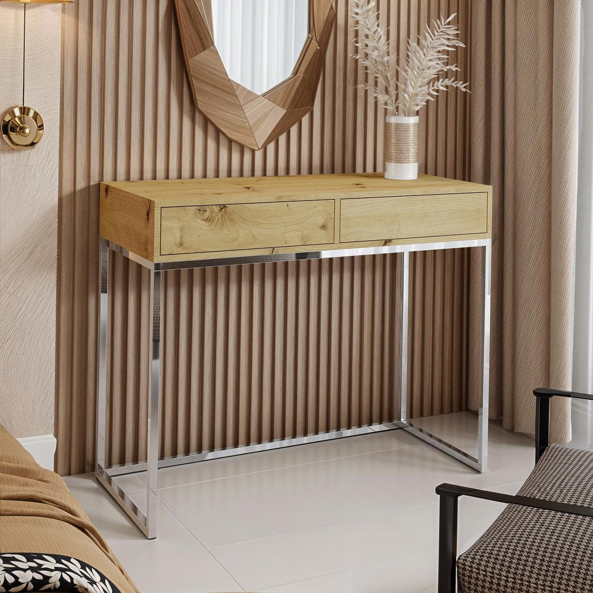 SCHMINKTISCH Cubic 80 Wotan Eiche, mit Chromgestell - Chromfarben/Eiche Wotan, Holzwerkstoff/Metall (35/80/80cm) - Bettso