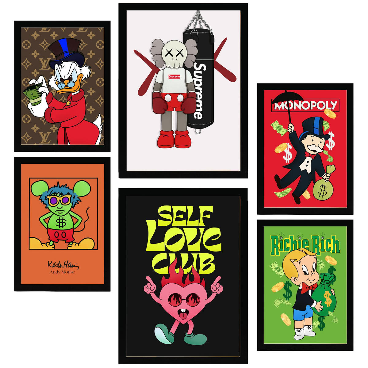 POSTER Set Mit 6 Ikonischer Monopoly Dinald Mongoly Humor A3 & A4 Schwarzer Rahmen - Schwarz, Papier (29/3cm) - Nacnic