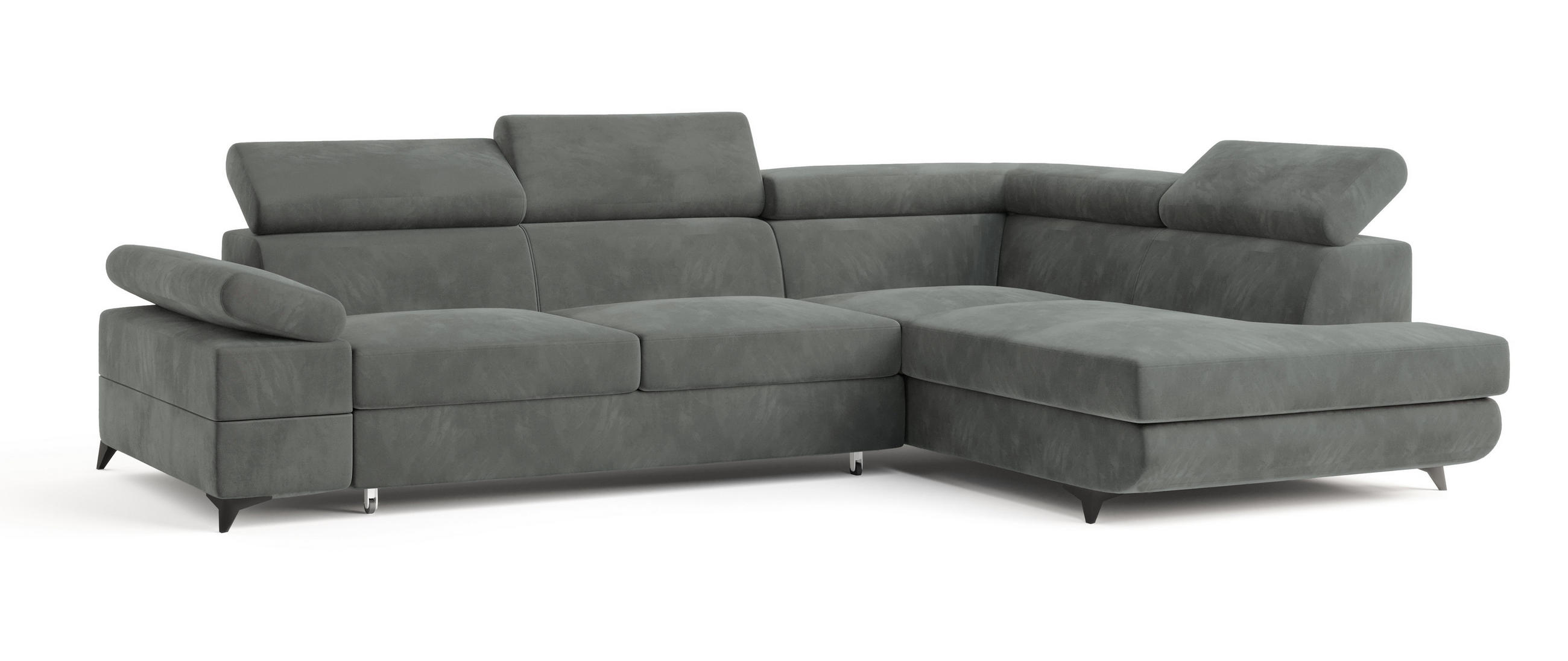 ECKSOFA FAVIEN R-S Grau Velours-Stoff mit Schlaffunktion - Grau, Holz (257/190cm) - MASSENO